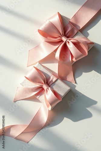 Two delicately wrapped presents adorned with blush pink satin ribbons, bathed in soft sunlight