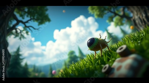Cartoon background for game and animation. Green forest with blue sky and clouds. Landscape
