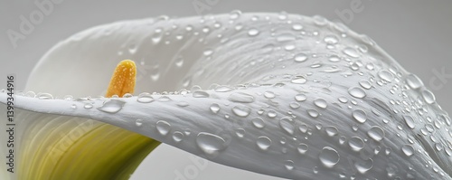 White calla lily in bloom covered in water droplets against a neutral background for advertising