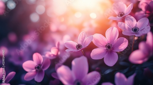 Vibrant pink flowers illuminated by warm sunlight, creating a soft, dreamy, and romantic atmosphere.