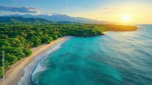 Serene Coastal Paradise: A breathtaking aerial vista unfolds, showcasing an exquisite beachfront, where the azure ocean meets the pristine sands.