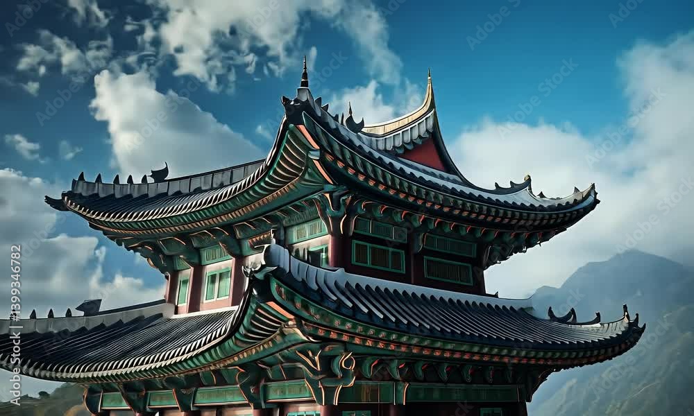 A beautiful multi-tiered building with intricate detailing under a bright, blue, cloudy sky atop green hills A beautiful multi-tiered building with intricate detailing under a bright, blue, cloudy sky atop green hills