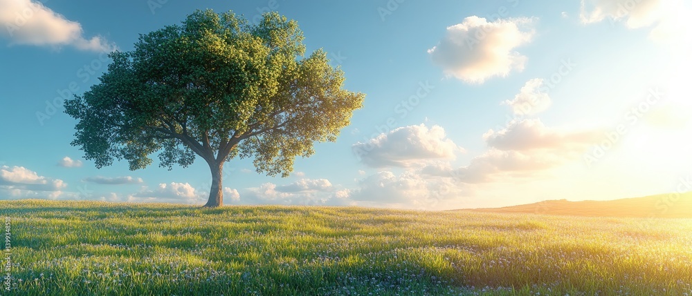 Obraz premium Lone tree on a grassy hill against a blue sky with clouds, bathed in the warm glow of the sunset