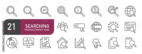 Set of line icons related to search, magnifying glass, research, zoom. Outline icons collection. Editable stroke. Vector illustration