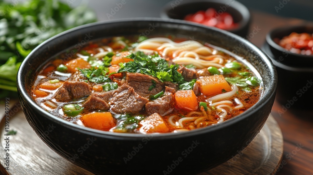 Delicious beef noodle soup in a bowl, garnished with fresh herbs, on a wooden table with spices in background Delicious beef noodle soup in a bowl, garnished with fresh herbs, on a wooden table with spices in background