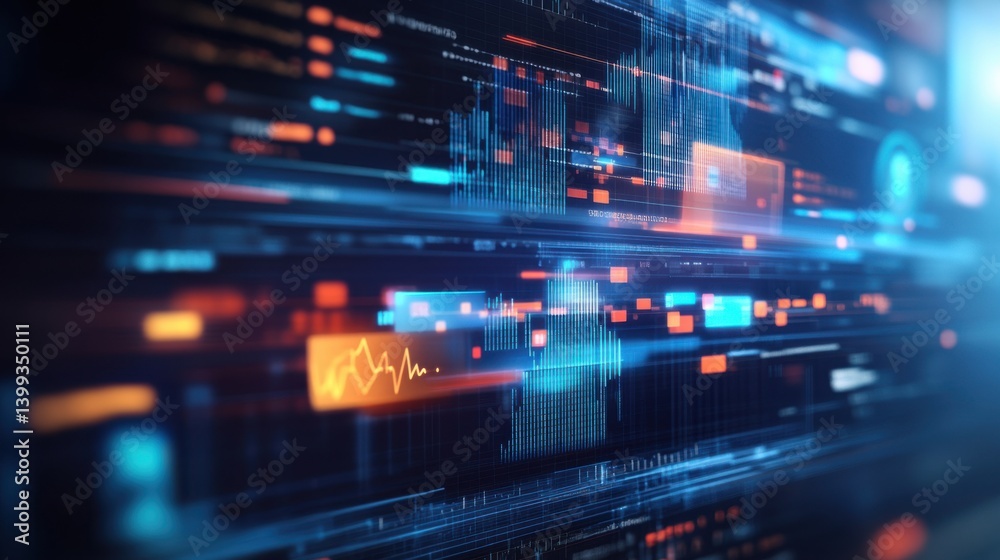 Fototapeta premium An abstract digital interface with vibrant lines and data visualizations, showcasing modern technology and information flow.