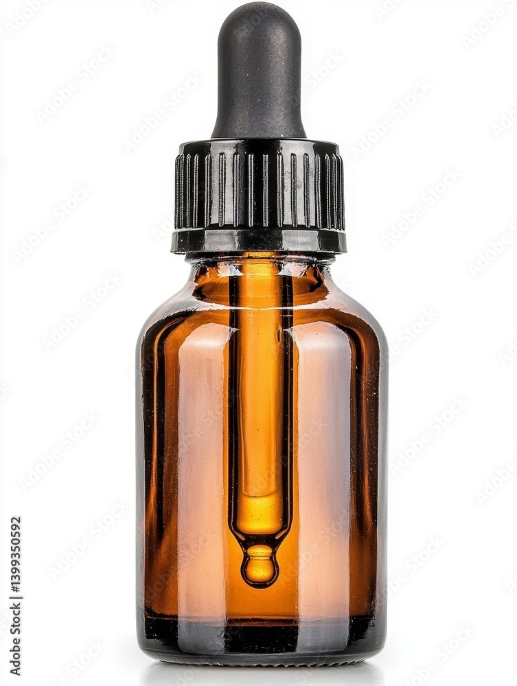 Amber Glass Dropper Bottle with Black Cap on White Background, Generative AI.