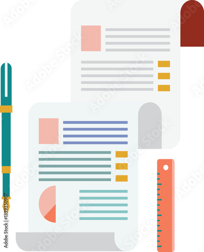 Document Design: A modern illustration showcasing neatly organized documents with a pen and ruler, ready to ignite inspiration and precision. 