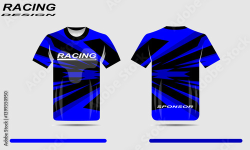 Dynamic blue racing jersey design showcasing bold patterns, ideal for sports events or promotions