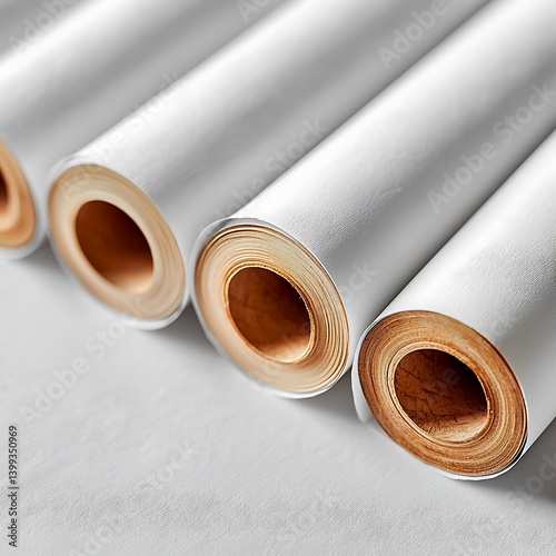 Rolled white posters, tight composition, soft diffused lighting, subtle gradient, cylindrical shapes, close up view.
