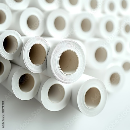 Rolled white posters, tight composition, soft diffused lighting, subtle gradient, cylindrical shapes, close up view.