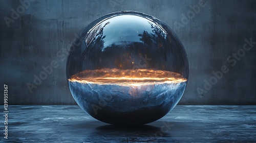 Rotating transparent display sphere, internal light projection illuminating intricate product details, dark studio environment, futuristic presentation.