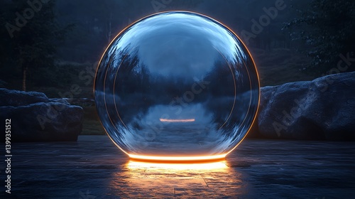 Rotating transparent display sphere, internal light projection illuminating intricate product details, dark studio environment, futuristic presentation.