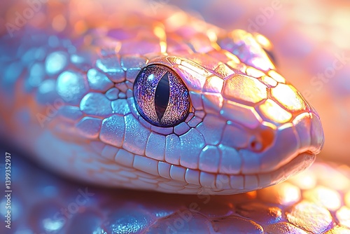 Scaled reptile skin, iridescent texture, subtle reflections, extreme close-up, soft focus.