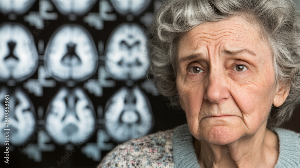 Elderly woman with concerned expression symbolizing dementia risk and memory loss, brain scan in background representing cognitive decline and aging health issues.