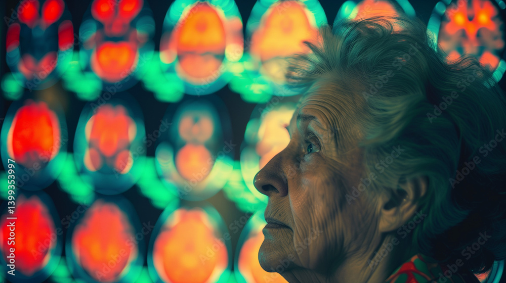 Elderly woman with concerned expression symbolizing dementia risk and memory loss, brain scan in background representing cognitive decline and aging health issues.