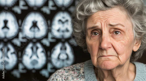 Obraz na płótnie Elderly woman with concerned expression symbolizing dementia risk and memory loss, brain scan in background representing cognitive decline and aging health issues. w salonie