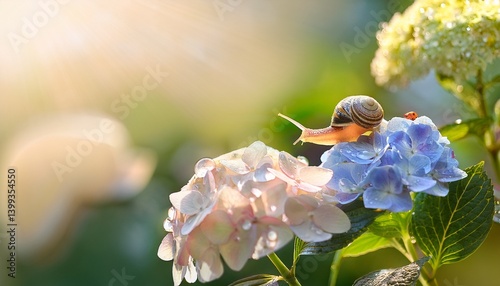 カタツムリと水滴の付いたパステルカラーのあじさいの花の背景。テキストスペースあり。AIで生成	
