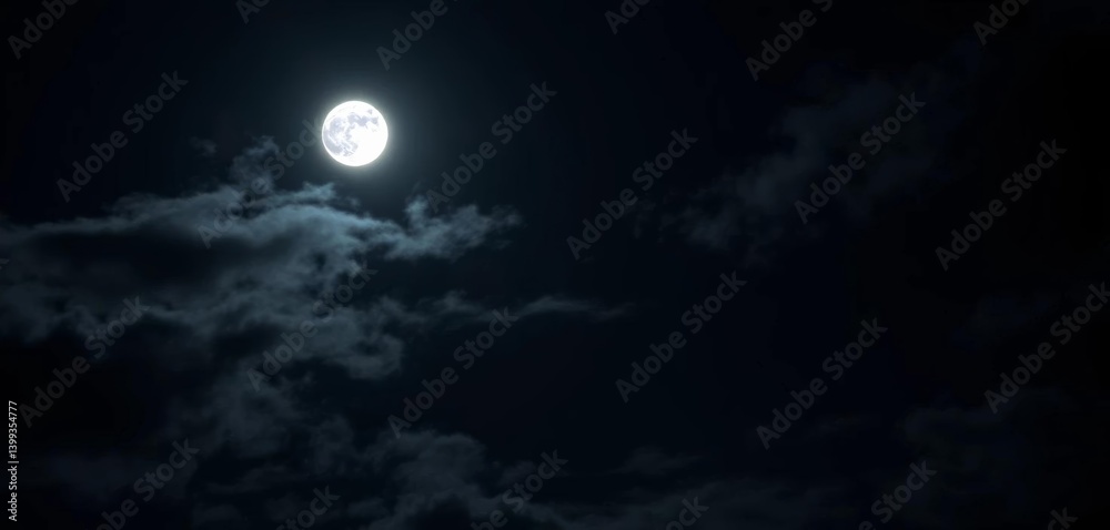 Wispy clouds illuminated by a bright moon in a dark night sky, moonlight, atmosphere