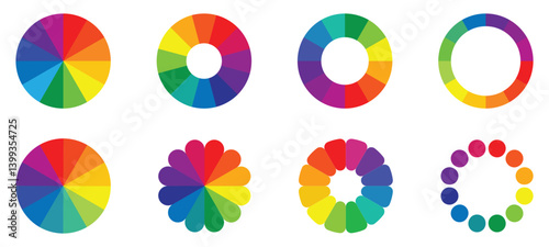 Color wheel set. Color wheel guide. Color wheel palette circles vector template. Rainbow palette. Color wheel with 12 colors in gradiation, illustration isolated on white background.