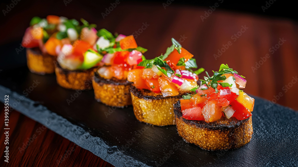 Delicious gourmet appetizer featuring fresh salsa on crispy base in modern dining setting Delicious gourmet appetizer featuring fresh salsa on crispy base in modern dining setting