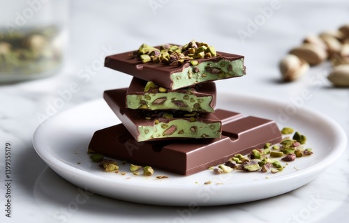 Stacked Chocolate Bars with Pistachio Filling on White Plate