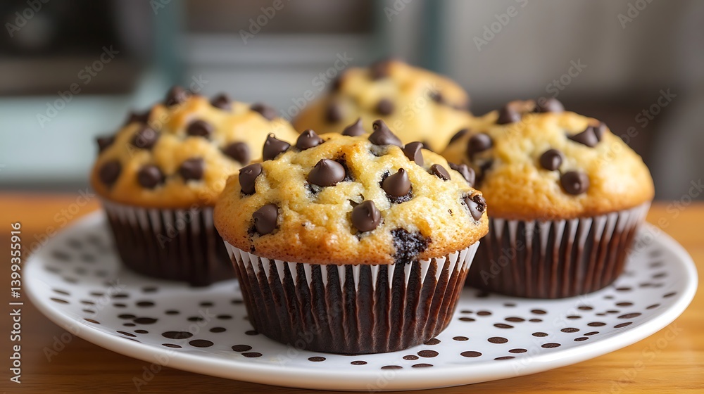 Delicious Chocolate Chip Muffins on a Polka Dot Plate Delicious Chocolate Chip Muffins on a Polka Dot Plate