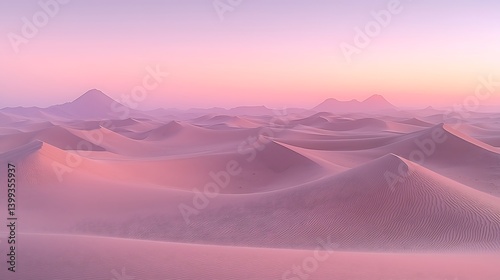 Serene desert landscape, soft dawn light, pastel sand dunes receding into a hazy horizon, subtle gradient sky.