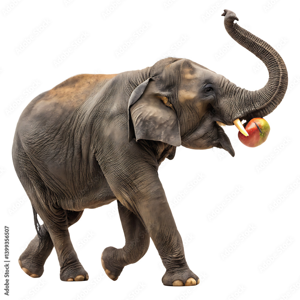 Obraz premium An elephant twisting its trunk around a fruit, showcasing its dexterity and curiosity in a natural habitat setting