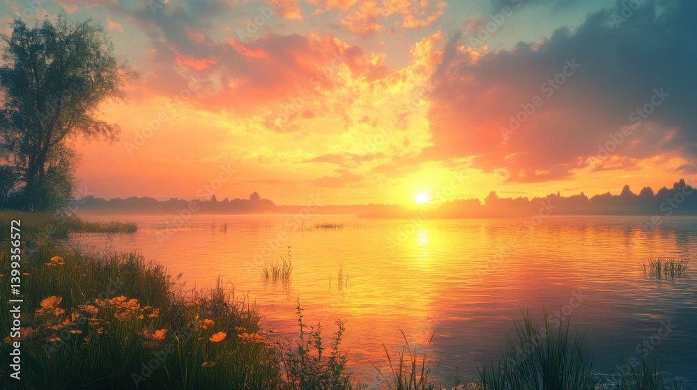 Obraz premium A serene sunset over a calm lake, with vibrant colors reflecting in the water and lush greenery lining the shore.