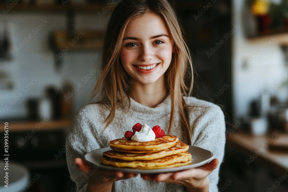 Young woman holding plate of Irish potato pancake topped with whipped cream, fresh strawberries, smiling at camera. Concept of enjoyment and tradition in Irish potato pancake preparation. Young woman holding plate of Irish potato pancake topped with whipped cream, fresh strawberries, smiling at camera. Concept of enjoyment and tradition in Irish potato pancake preparation.