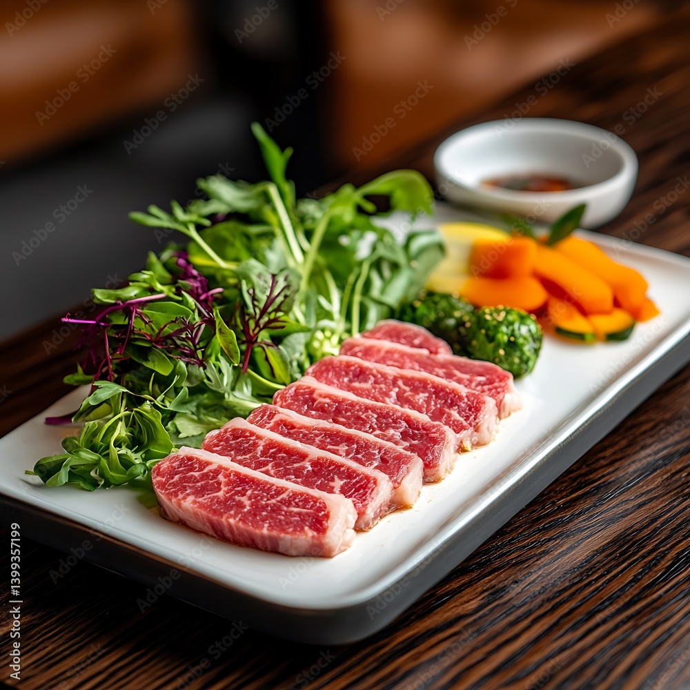 Fototapeta premium Fresh Wagyu Beef with Vegetables and Sauce
