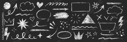 Arrow line chalk brush hand drawn sketch element set. Grunge square, heart, arrow element scribble line brush hand drawn pencil sketch. Texture chalk, crayon pencil style. Vector illustration