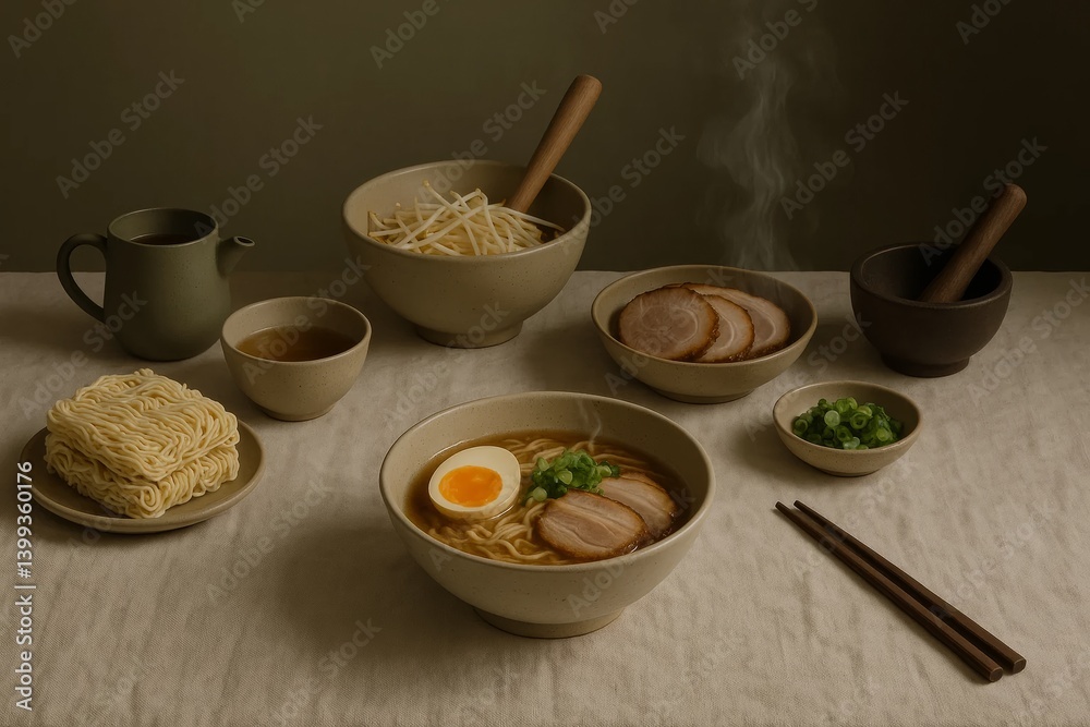 Steaming ramen bowl with chashu pork, soft boiled egg, bean sprouts, green onions beside traditional teapot and mortar, presenting delicate Japanese culinary composition Steaming ramen bowl with chashu pork, soft boiled egg, bean sprouts, green onions beside traditional teapot and mortar, presenting delicate Japanese culinary composition