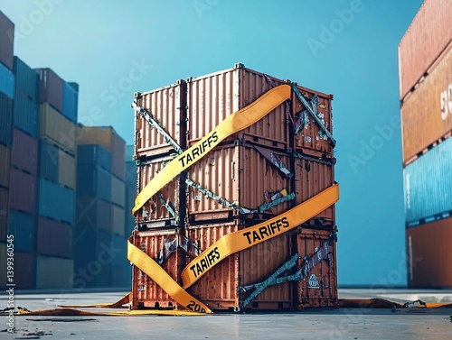 Planet made of stacked shipping containers wrapped in yellow 
