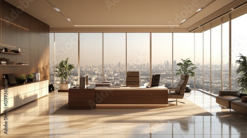 A modern office space featuring large windows with a city view, stylish furniture, and natural elements for an inspiring work environment.