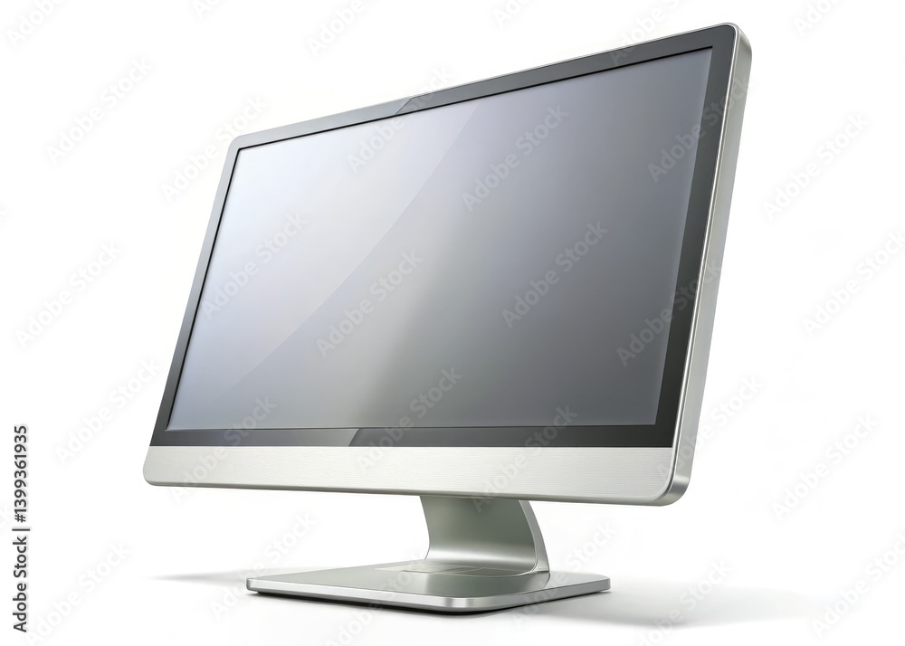 A pristine silver computer monitor with a blank screen, isolated on white. High-resolution stock image ideal for mockups. A pristine silver computer monitor with a blank screen, isolated on white. High-resolution stock image ideal for mockups.