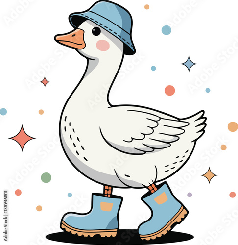 Cute Cartoon Goose in Boots and Hat with Stars