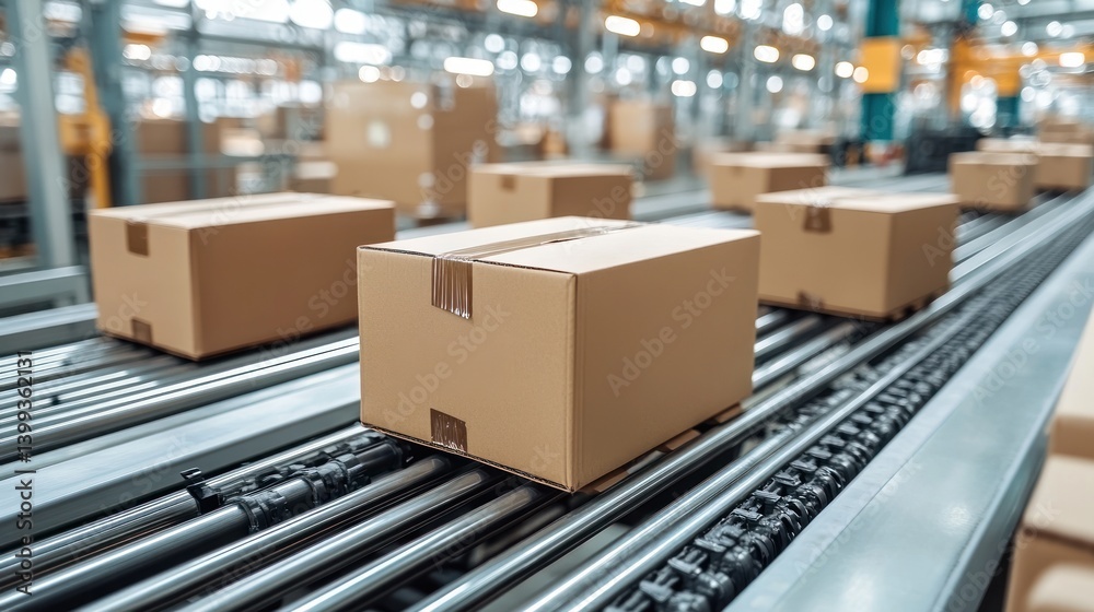 Cardboard boxes moving on factory conveyor belt Cardboard boxes moving on factory conveyor belt