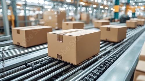 Cardboard boxes moving on factory conveyor belt