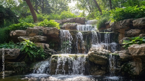 A serene waterfall cascading over rocks, surrounded by lush greenery.