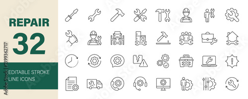 Repair icon set. Containing fix, toolbox, repairman, recovery, setting, restoration, car service, construction, maintenance and more. Editable line icons. Vector illustration.