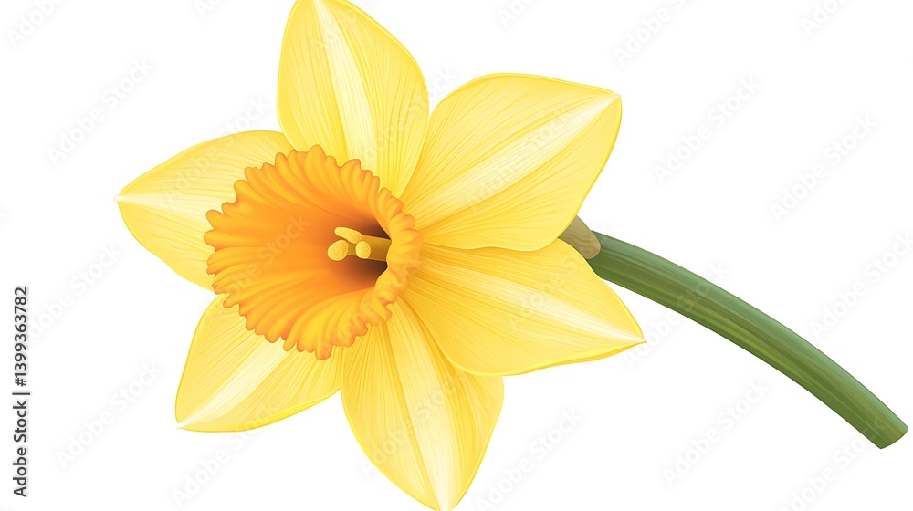 Fototapeta premium Daffodil blooms, a single yellow flower on a green stem, against white background, suitable for spring decor