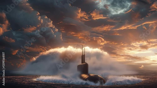 A ballistic missile launches vertically from a submerged submarine in the open ocean, creating a dramatic splash and trail of smoke against a cloudy sky