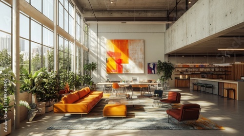 A modern, bright interior featuring large windows, vibrant artwork, cozy seating, and indoor plants, creating a welcoming and stylish atmosphere.