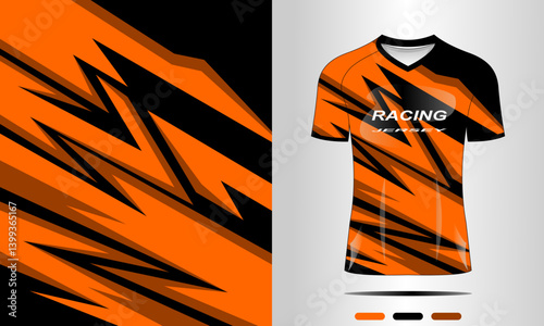 Dynamic racing jersey design featuring bold orange and black zigzag patterns, ideal for sports use