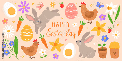Collection of colorful cute illustrations for Easter day. Bunnies, spring flowers, Easter eggs, chickens and carrots.