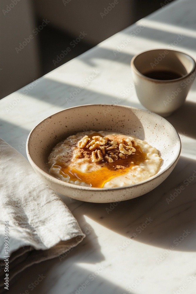 Tasty bowl of oatmeal topped with honey and walnuts served on a sunlit table Generative AI Tasty bowl of oatmeal topped with honey and walnuts served on a sunlit table Generative AI