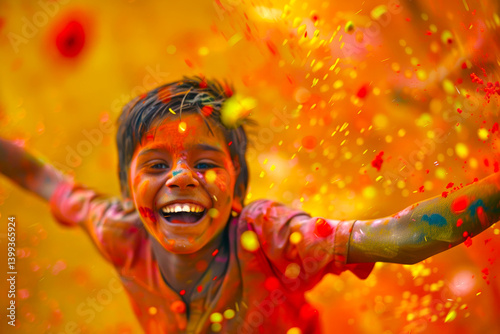Amidst the vibrant colors of a Holi celebration, an Indian boy dances with exuberance, his laughter echoing the joy and camaraderie of the festival as he revels in the spirit of togetherness