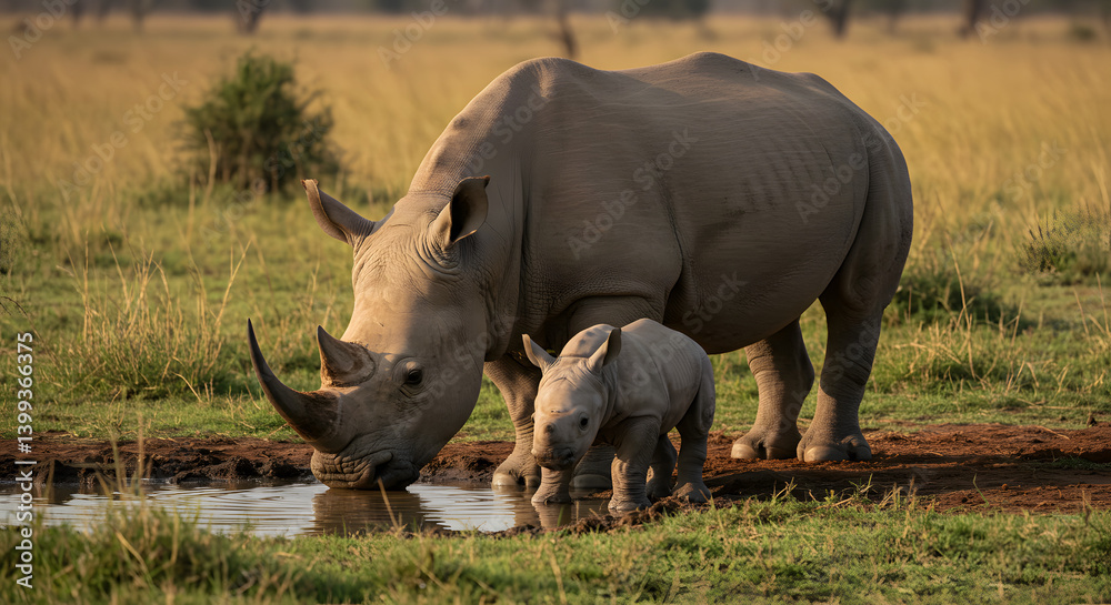 Fototapeta premium Mother White Rhinoceros grazing peacefully with her young calf beside her in the African savanna grasslands, highlighting conservation concerns.